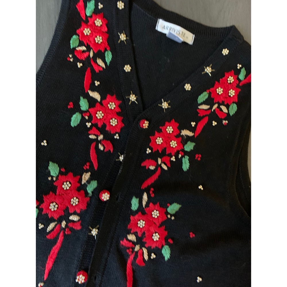 Womens M vintage‎ red black embroidered holly Christmas floral sweater vest knit - Picture 2 of 6